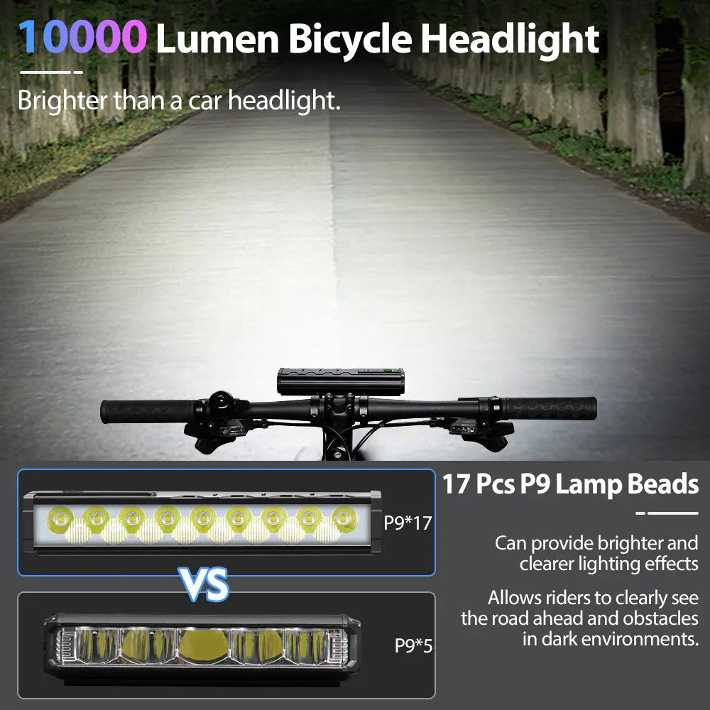 Bicycle Light Front 10000Lumen Bike Light 10000Mah Waterproof Flashlight USB Charging MTB Road Cycling Lamp Accessories